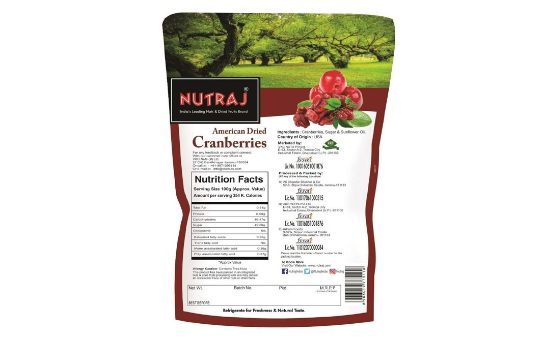 Nutraj American Dried Cranberries    Pack  180 grams